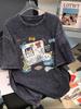 T-shirt Rétro Streetwear Coton Lavé Effiloché Manches Courtes pour Femme