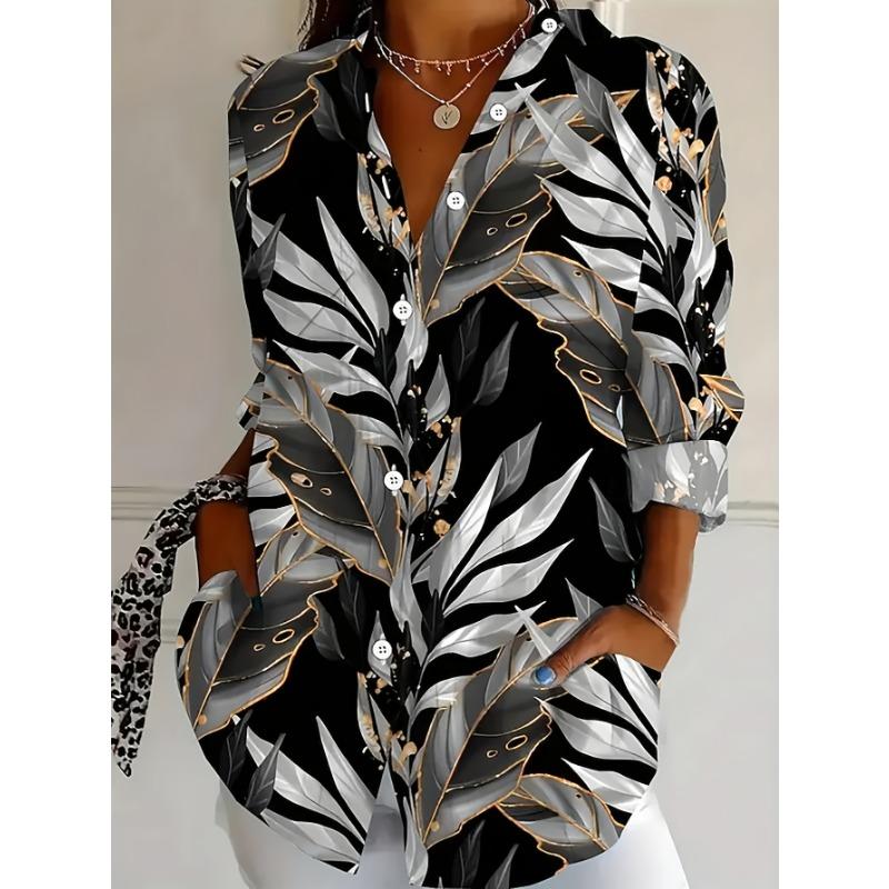 Casual Stylish Women's Plus-Size Button-Up Long Sleeve Shirt with Plant Prints