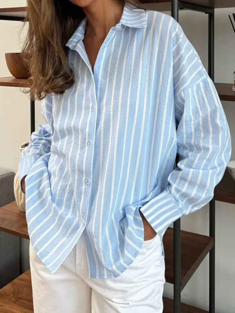 Women Loose Long Sleeve Striped Cardigan Shirt Blouse Outerwear
