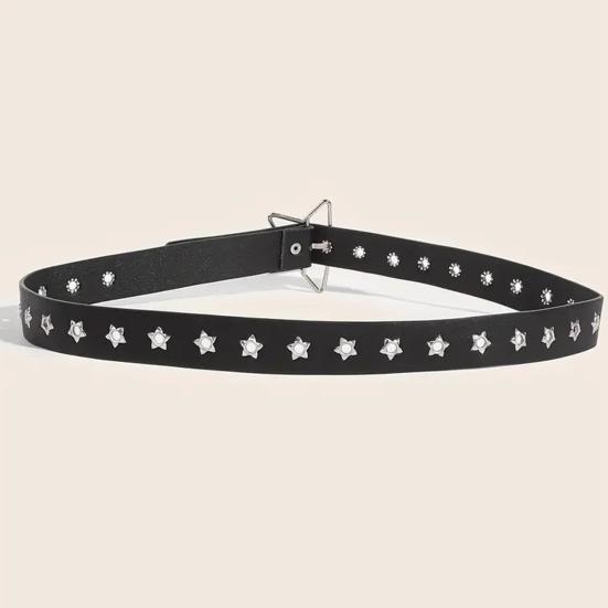 Women Belt Punk Style Rock Star Pattern Belt with Adjustable Hollow Hole Design Dresses Jeans Shirts Faux Leather Belt