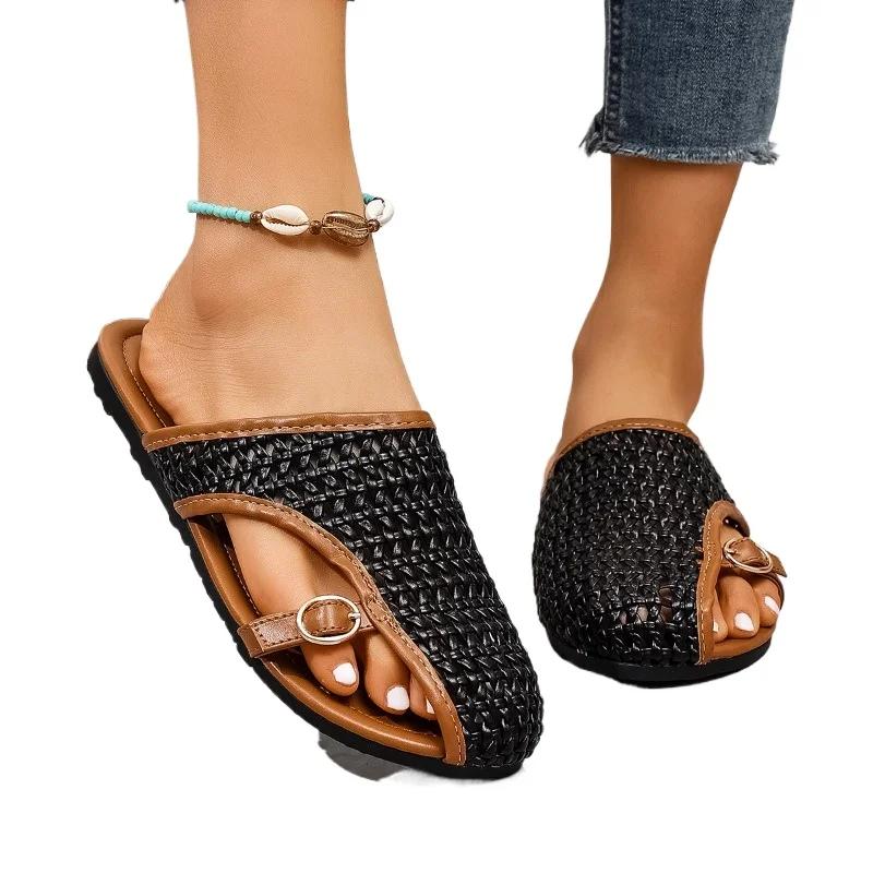 Heißer Verkauf Damenschuhe Geschlossene Zehen Damen Hausschuhe Mode Gürtelschnalle Lässige Hausschuhe Damen Neu Übergröße Flache Hausschuhe