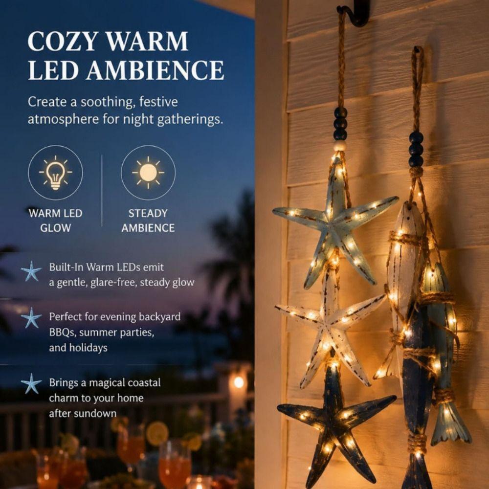 Hanging Lighted Wooden Fish Wall Decor Mediterranean Decorative Starfish  Restaurant Wall Art