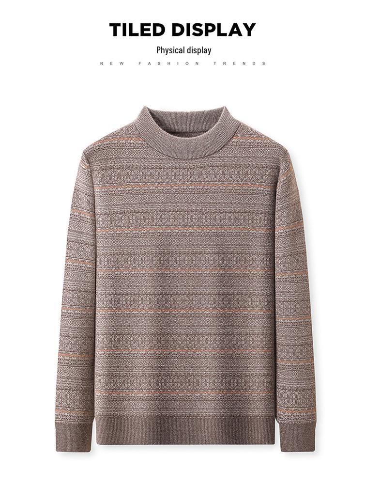 Men's 100% Pure Cashmere Thickened Fleece-Lined Winter Sweater - Solid Color, Round Neck, for Middle-Aged.