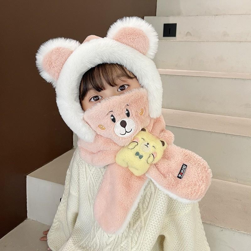 Winter Children One Piece Scarf Hat+Mask Cute Cartoon Baby Ear Protection Cap 1-6 Kids Plush Cross Neckerchief Warm Beanies