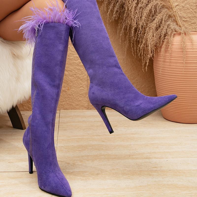 Winter New Suede Pointed High-heeled Long Tube Boots for Women's Fashion Splicing Feather Side Zipper Fashion Boots 35-42