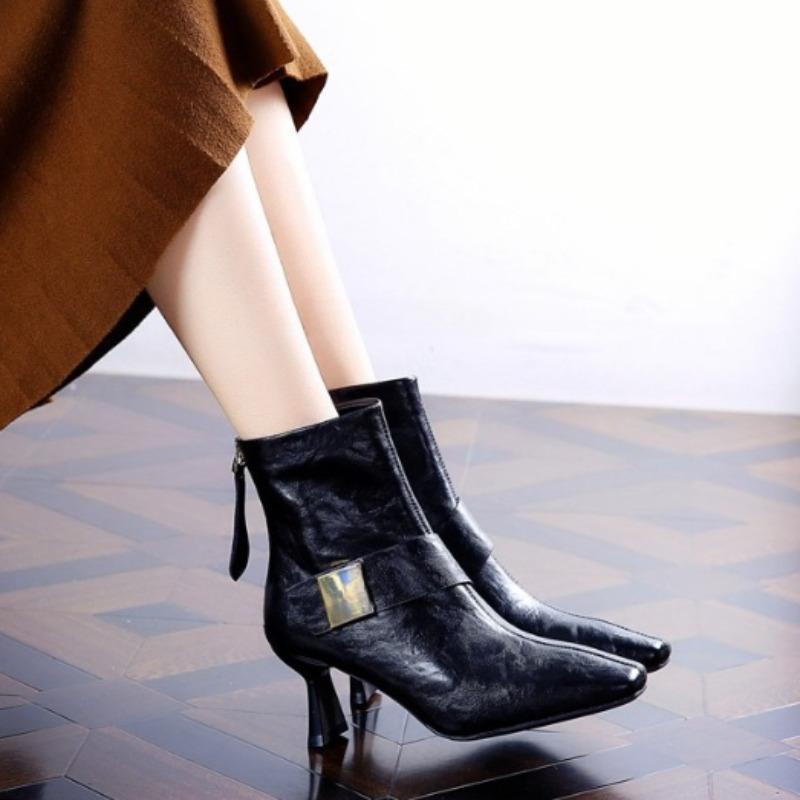 

Металлическая пряжка Темпераментные ботильоны Весна и осень Новые Острый носок Молния Нескользящие Износостойкие Шпилька Женская обувь 40