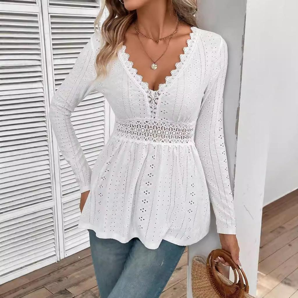 Spring Elegant Women Solid Color V-Neck Splicing Lace Long Sleeve T-Shirt Top Women Versatile Closet Essential Fashion Items Shirt
