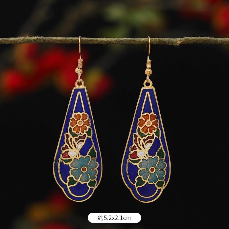 Chinese retro cloisonne enamel earrings female classical temperament simple flower earrings niche design earrings