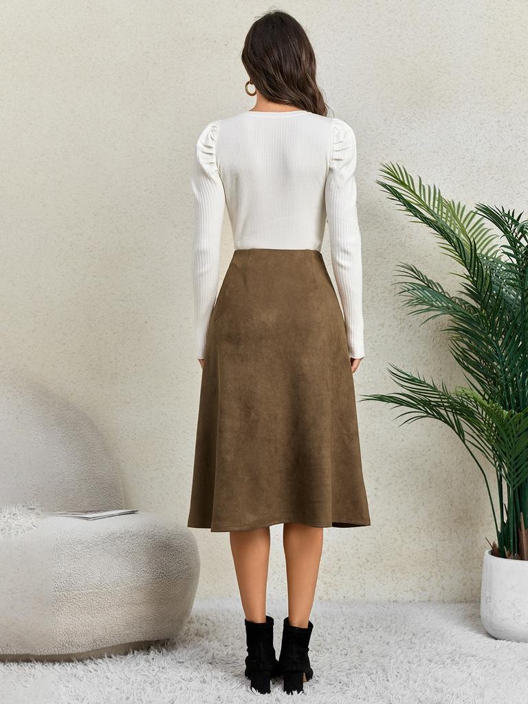 Damen Unifarbener Patchwork Wildleder Reißverschluss Rock Hohe Taille Schnalle Umwickelte Hüfte Kurzer Rock Mittellanger Rock