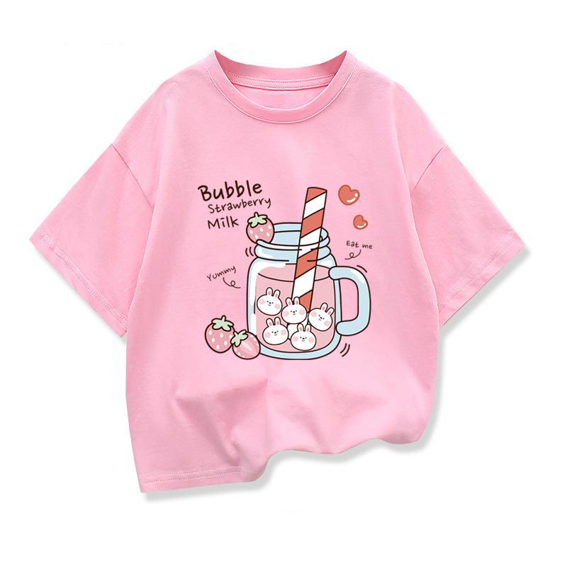 Children's Short-sleeve Patterned Top 2026 Summer New Children's Clothing Girls' Bubble Strawberry Milk Cartoon Casual T-shirt