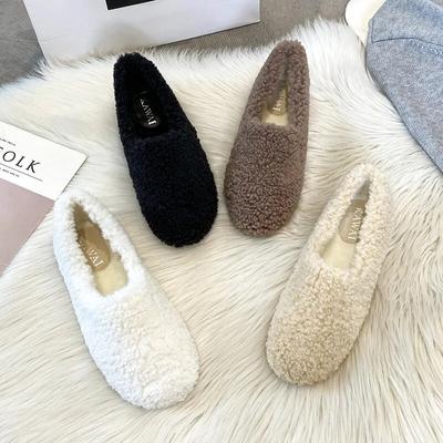 Lüks Lambwool Moccasins Femme Kış pamuklu ayakkabılar Kadın Sıcak Peluş Loafer'lar Rahat Kıvırcık Koyun Kürk Daireler Kadın Büyük Boy 40-43