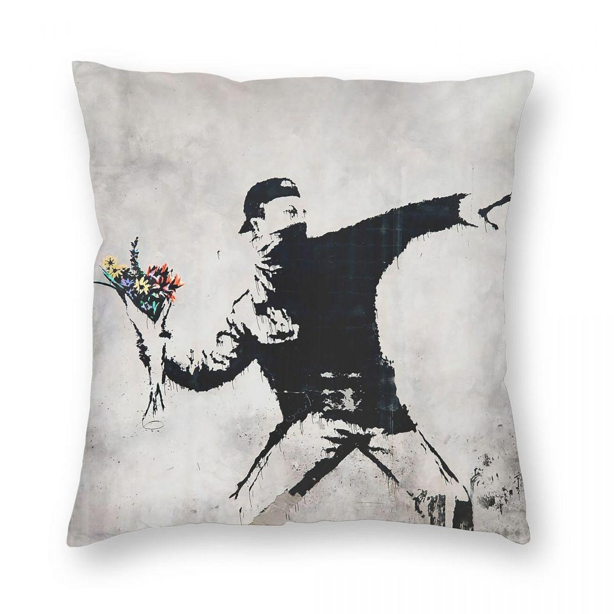 Flower Thrower Banksy Mural Square Pillowcase Polyester Linen Velvet Printed Decor Throw Pillow Case Car Cushion Case Wholesale 30x30cm