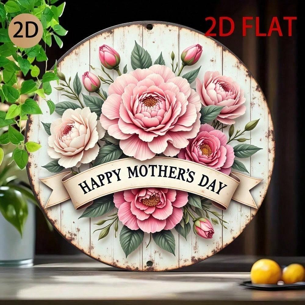 2D Round Aluminum Mother's Day Plaque 7.87" Peony Wall Art Decor