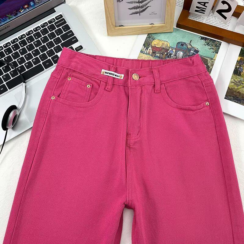 2024 Autumn Rose Red High-Waisted Straight-Leg Jeans for Pear-Shaped Bodies