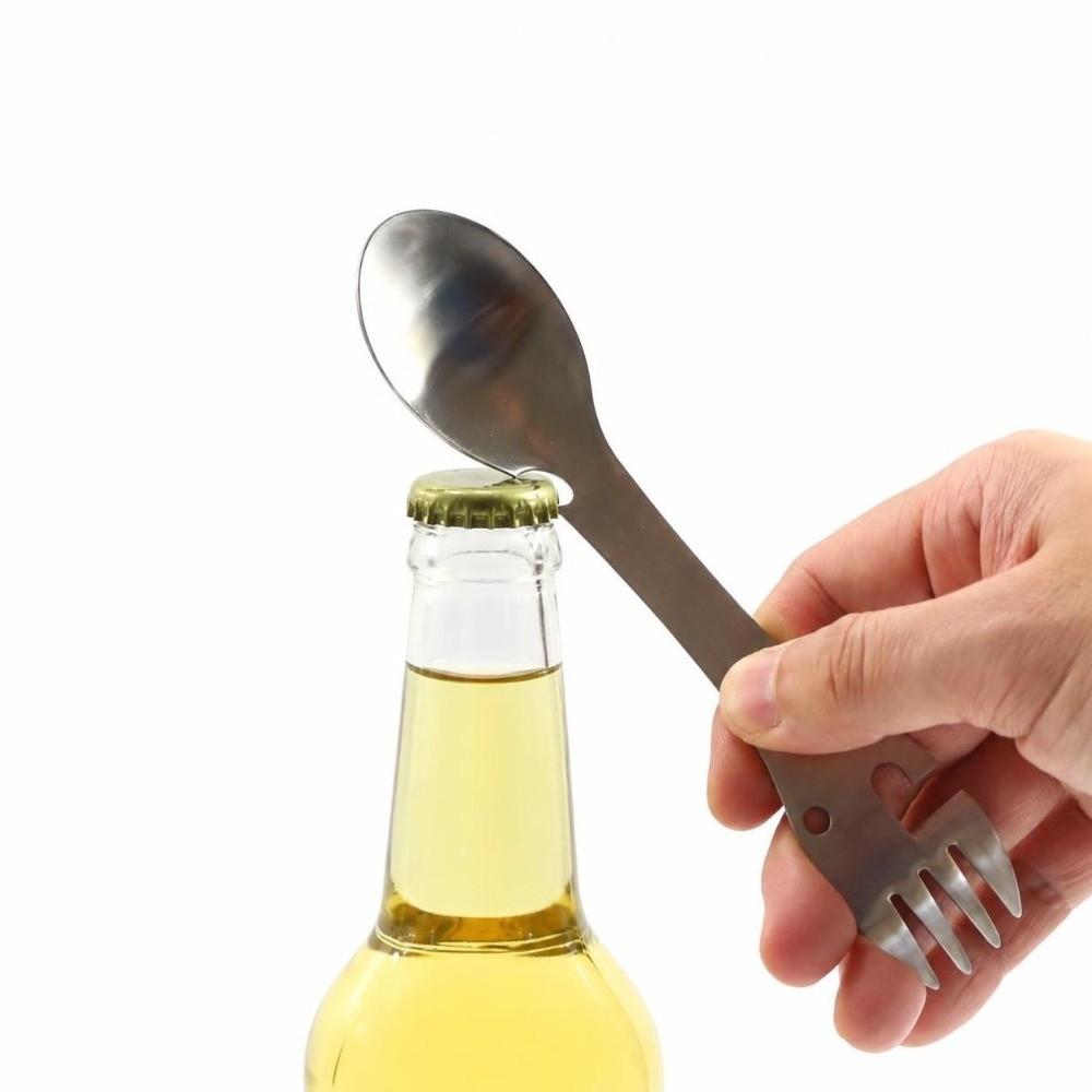 2 Pack Durable 5-in-1 Camping Spoon Fork Bottle Opener Matte Silver Outdoor Cutlery Multifunctional Picnic Utensil Travel