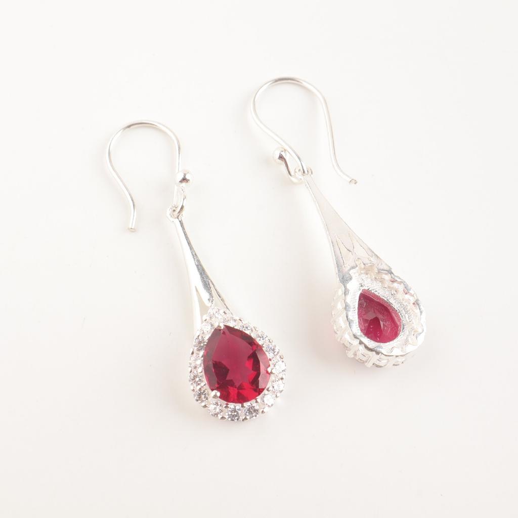 Naturlig Rosa Rubellit Ädelsten Stämplad 925 Silver Zirkon Hängande Örhängen 1,86" CZE-7-7