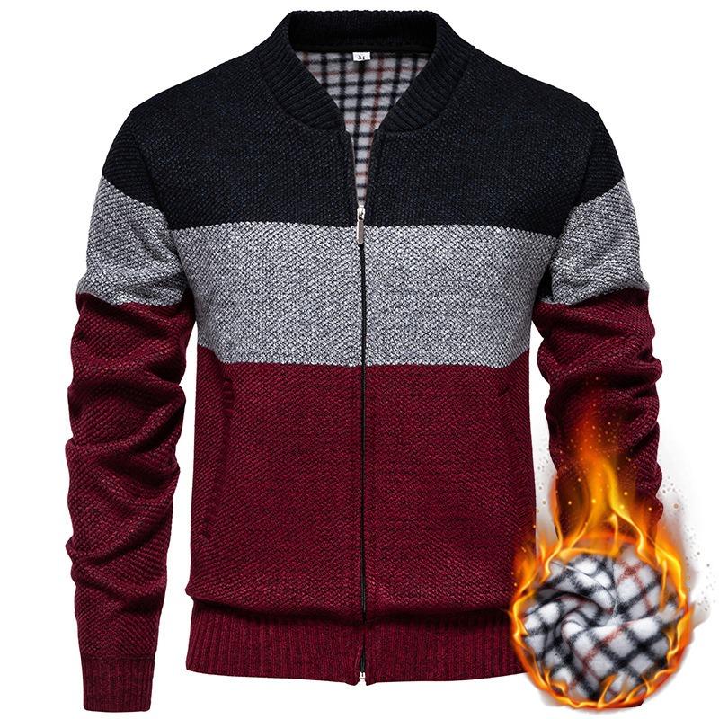 

Autumn Winter Men s Baseball Collar Knitted Cardigan Plus Velvet Thickened Stand-up Collar Color-blocked Zipper Sweater Jacket L