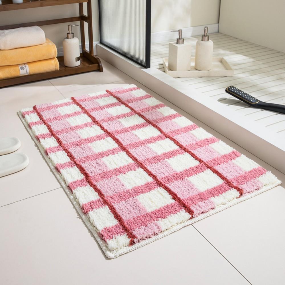 Pink And White Checkered Absorbent Anti Slip Carpet Bathroom Entrance Soft Plush Easy To Clean Ins Home Decor Rug