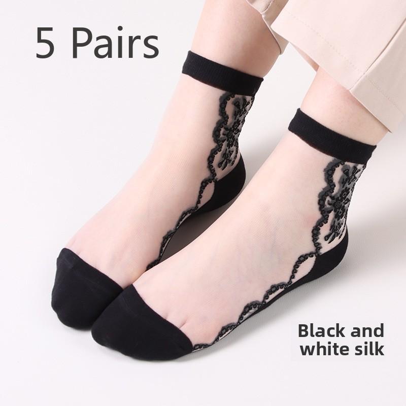 

5 пар весенних и летних прозрачных чулок со стразами, женские носки средней длины с маленькими цветками виноградной лозы и стеклянной проволокой 5 Pairs чёрный/белый