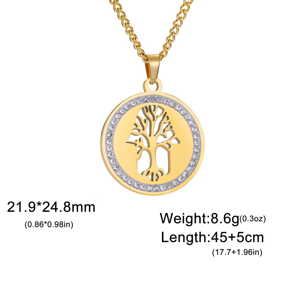Tree of Life Clear Zircon Round Pendant Necklace Women Stainless Steel Gold Color Neck Chains Luxury Jewelry Wedding Gift