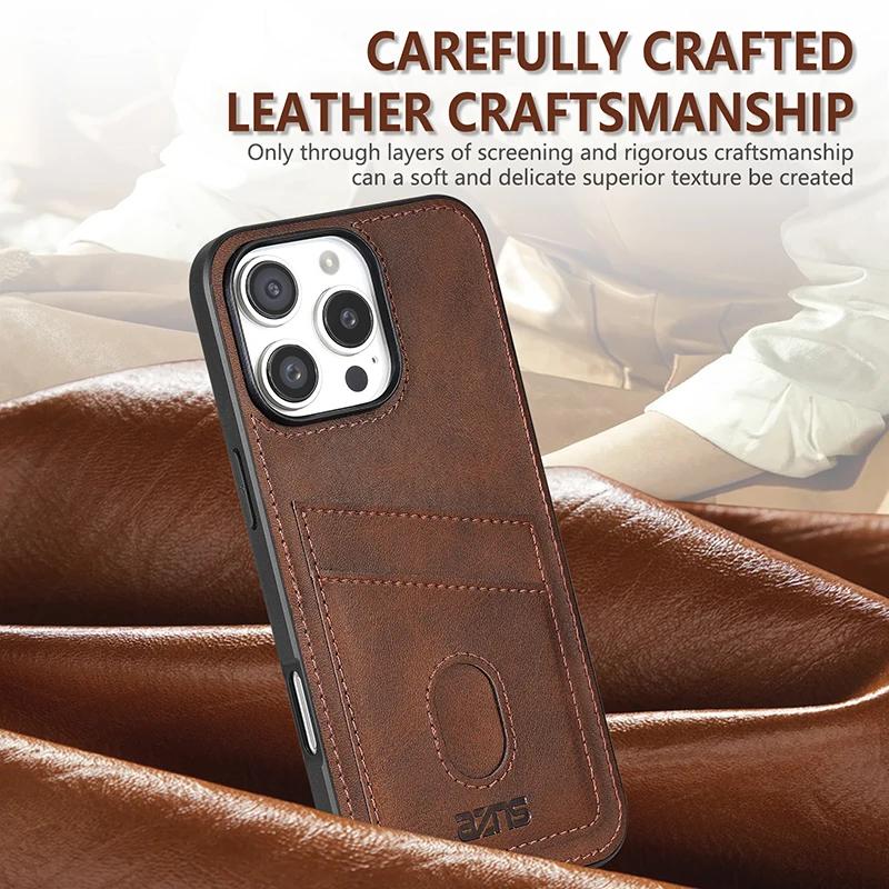 Retro Cards Pocket PU Leather Case for iPhone Air 17 16E 16 15 14 13 12 11 Pro Max Plus Shockproof Soft Protective Phone Cover
