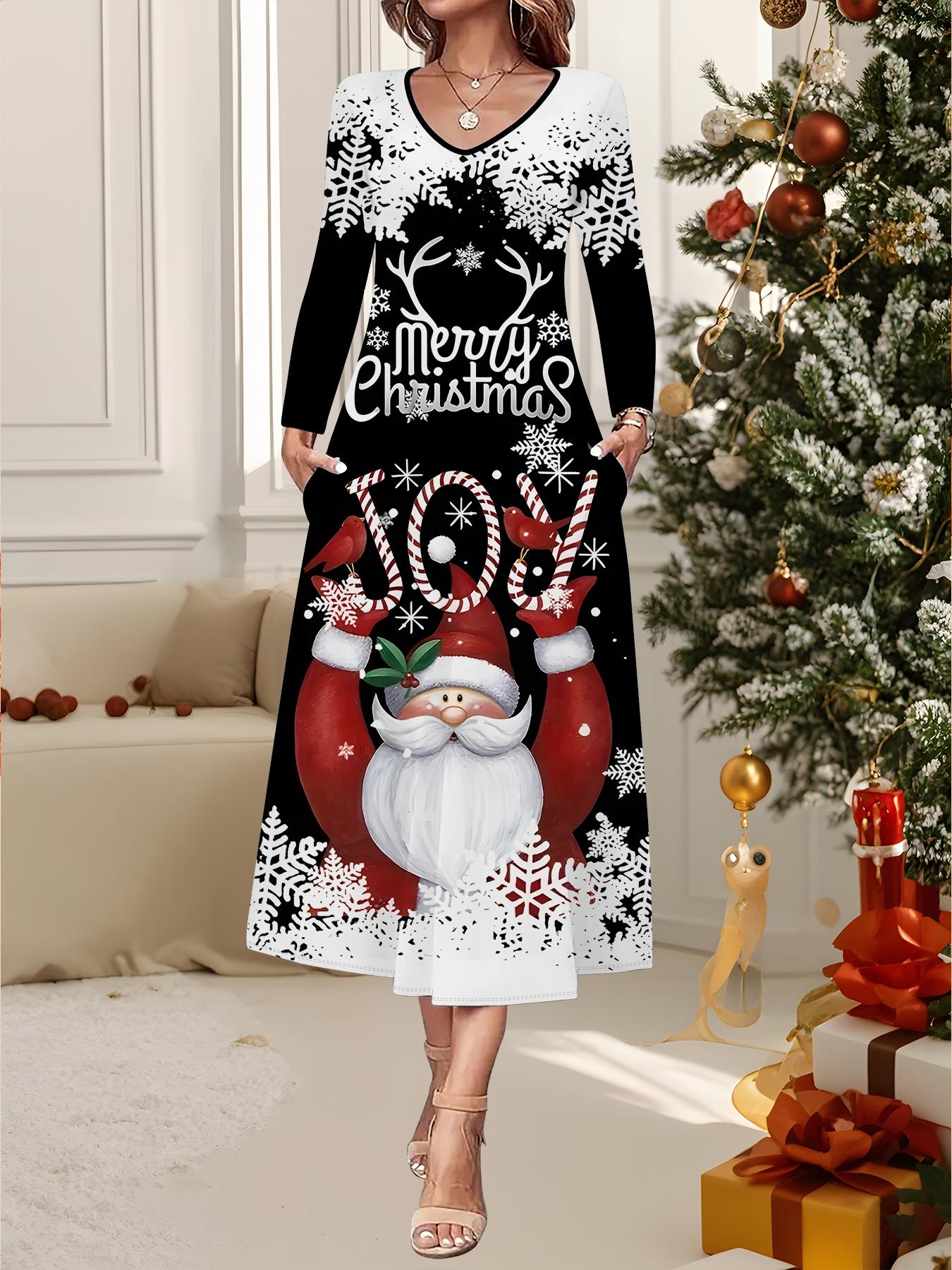 

2025 Осень и Зима Новое Женское Повседневное Модное Платье 3D Принт Снеговика Длинный Рукав V-образный Вырез А-силуэт Рождественский Подарок XXL чёрный