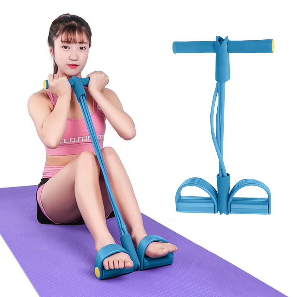 Yoga Foot Pedal Resistance Band Four-Strand Elastic Leg Exerciser with Foam Handle and Non-Slip Foot Pedals for Home Workout and Physical Therapy