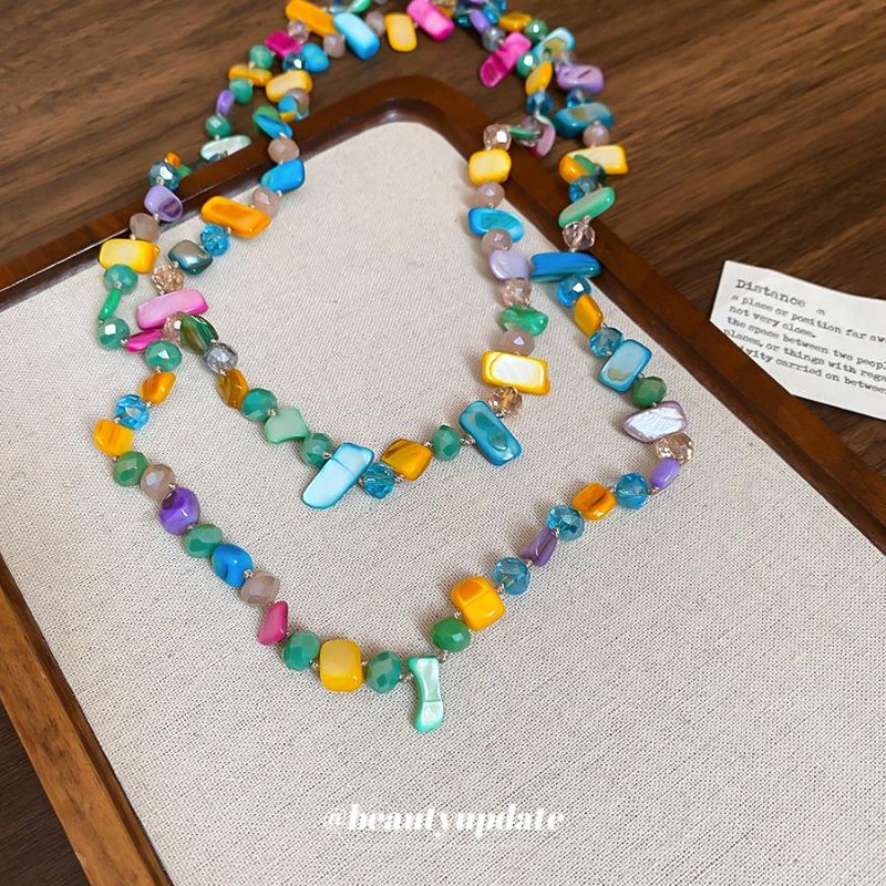 Irregular stained glass stacked necklace Bohemian vacation style collarbone chain Fresh and sweet temperament necklace women