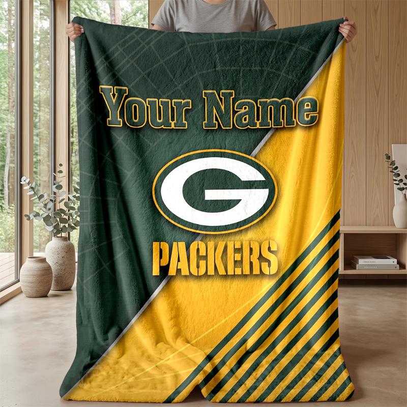 Green Bay Packers Custom Flannel Throw Blanket Print Your Name Text Soft Warm Blanket Holiday Present