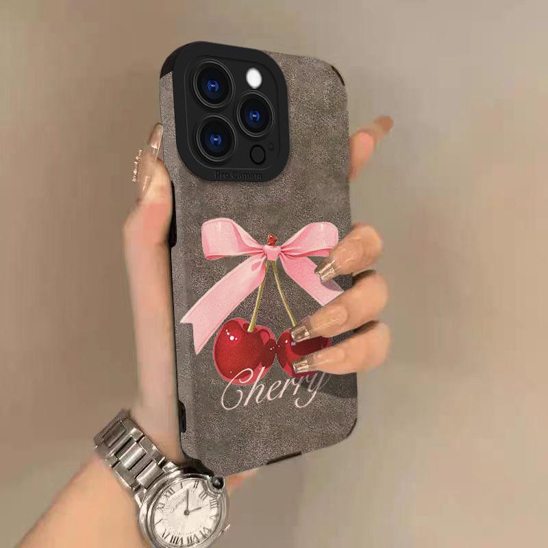 Cherries Lambskin Leather Phone Case For iPhone 17 Pro Max Air 16 15 14 13 12 11 Pro Max Plus X XS MAX XR Hard Back Cover