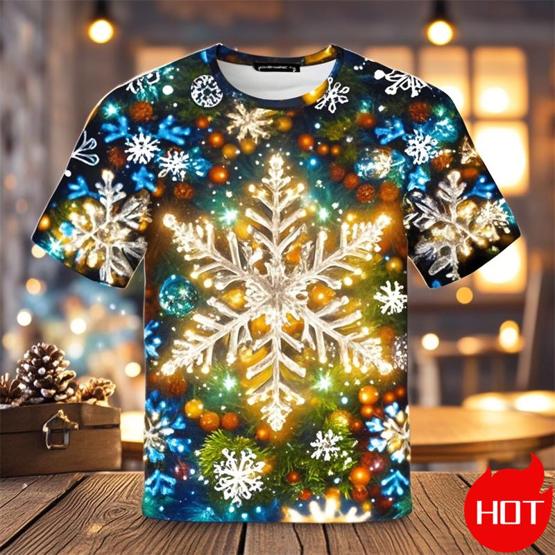 Funny 3D Snowflake Print Men's T Shirt Christmas Casual Loose Short Sleeve Tops Fashion New Year Gift