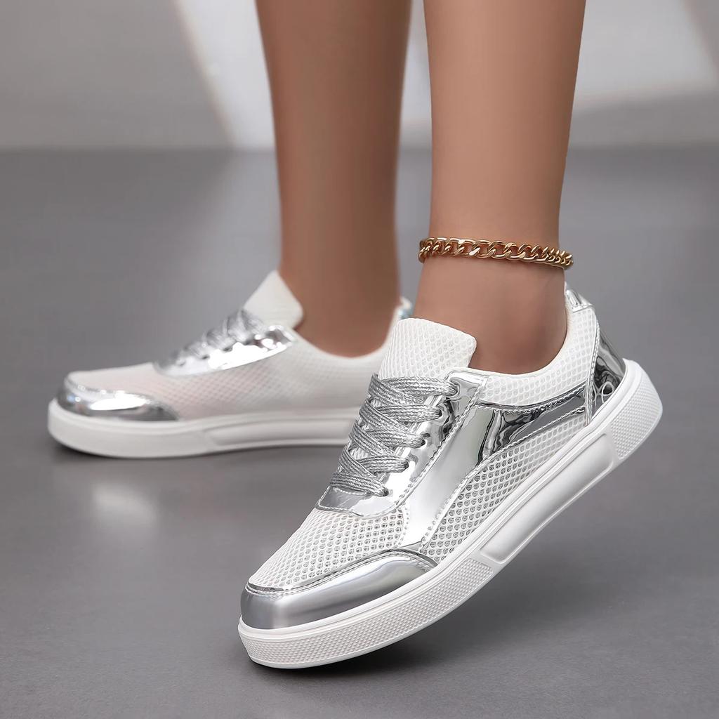 Silver Sports Shoes Women's Summer Mesh Running Shoes Lace Up Fitness Jogging Shoes 2025 New Model for Girls Designer