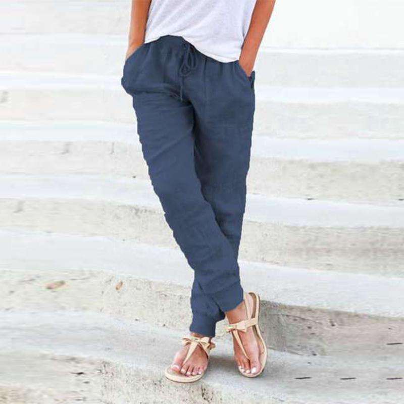 Women's Casual Cotton Hemp Pants Pure Color High Waist Ankle Simple Spring Autumn Female Pocket Pant