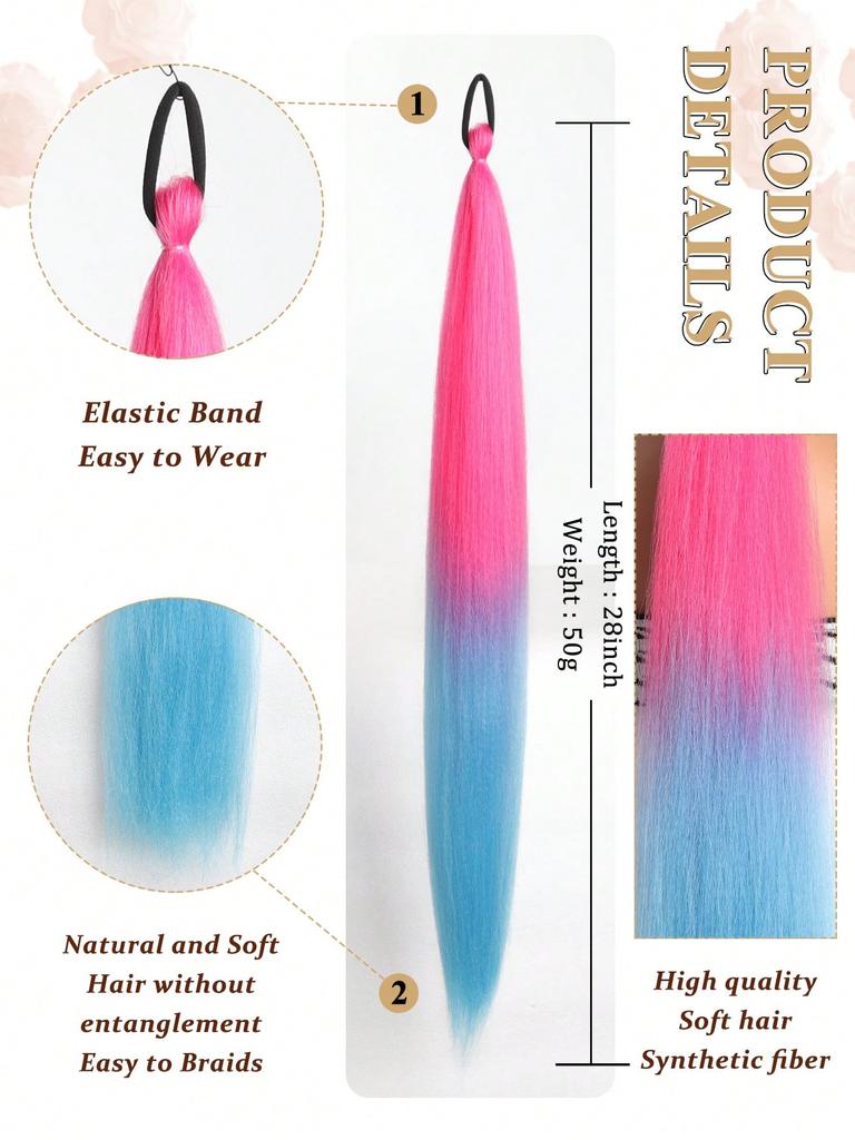 Synthetic Ponytail 1 Pack Braid Extension, Full of  Color Ponytail Extension, with Elastic Tie Straight Tube Sleek Wrap Extension Hair