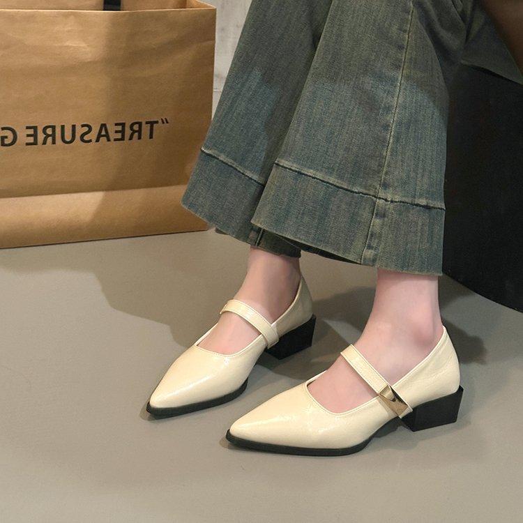 French Pointed Thick Heel Mary Jane Shoes Women's Spring 2025 New One-word Belt Low Heel Versatile Skirt Single Shoes