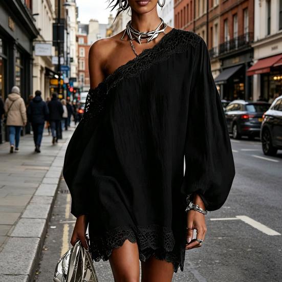 Women Off One Shoulder Loose Mini Dress, Batwing Long Sleeve Lace Trim Club Party Cocktail Dress, Summer Vacation Wedding Guest Dress