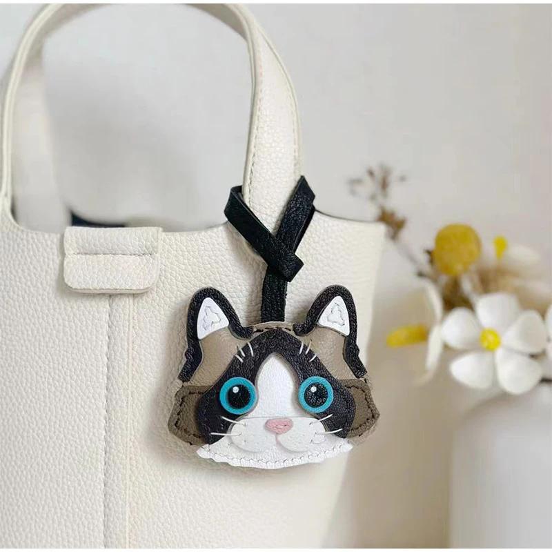 Cat Theme Brand Latest Cowhide Bag Hanging Accessories Sheepskin High Quality Key Chain Backpack Charms Diy Bag Decor Great Gift