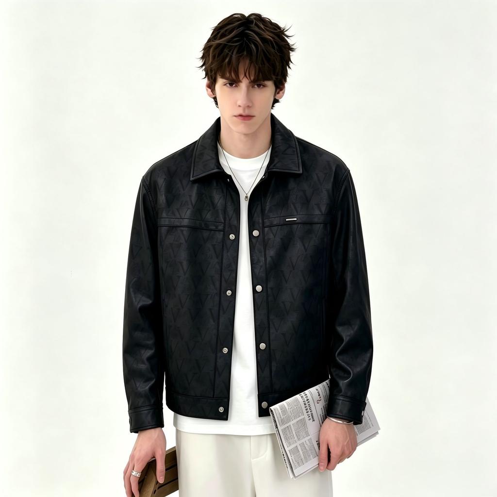 Handsome fashion leather jacket spring and autumn hidden button men's top locomotive slim leather jacket lapel men's jacket