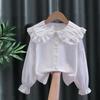 Girls Ruffled Collar Long Sleeve White Blouse Kids Elegant Lapel Button Down Shirt