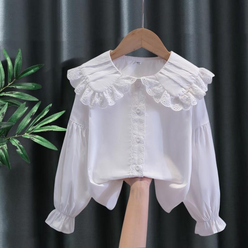 Girls Ruffled Collar Long Sleeve White Blouse Kids Elegant Lapel Button Down Shirt