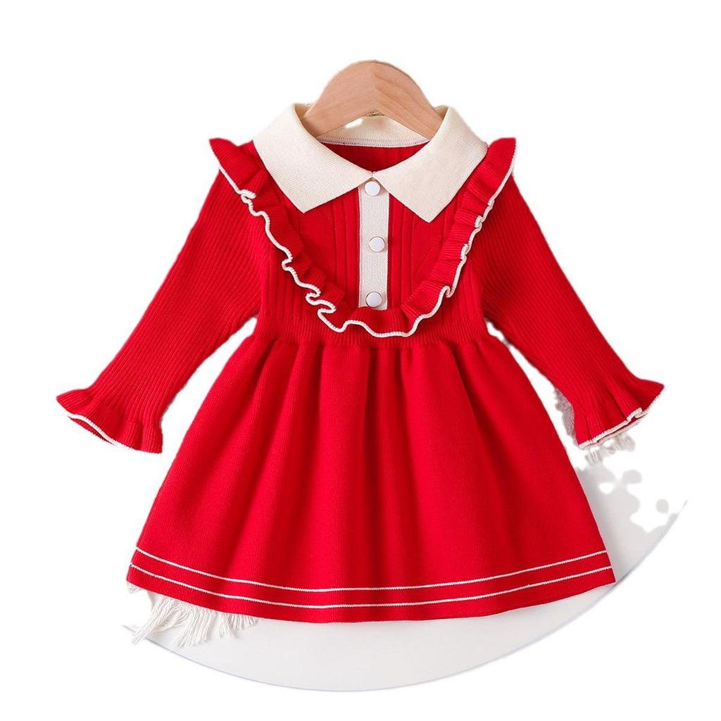 Children's Long Sleeve Knitted Princess Dress with Turn-Down Collar for Spring and Autumn