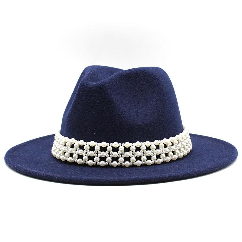 High-Grade Pearl Woolen Top Hat, Flat-Brimmed Big Eave Hat, Versatile Straight-Brimmed Jazz Hat