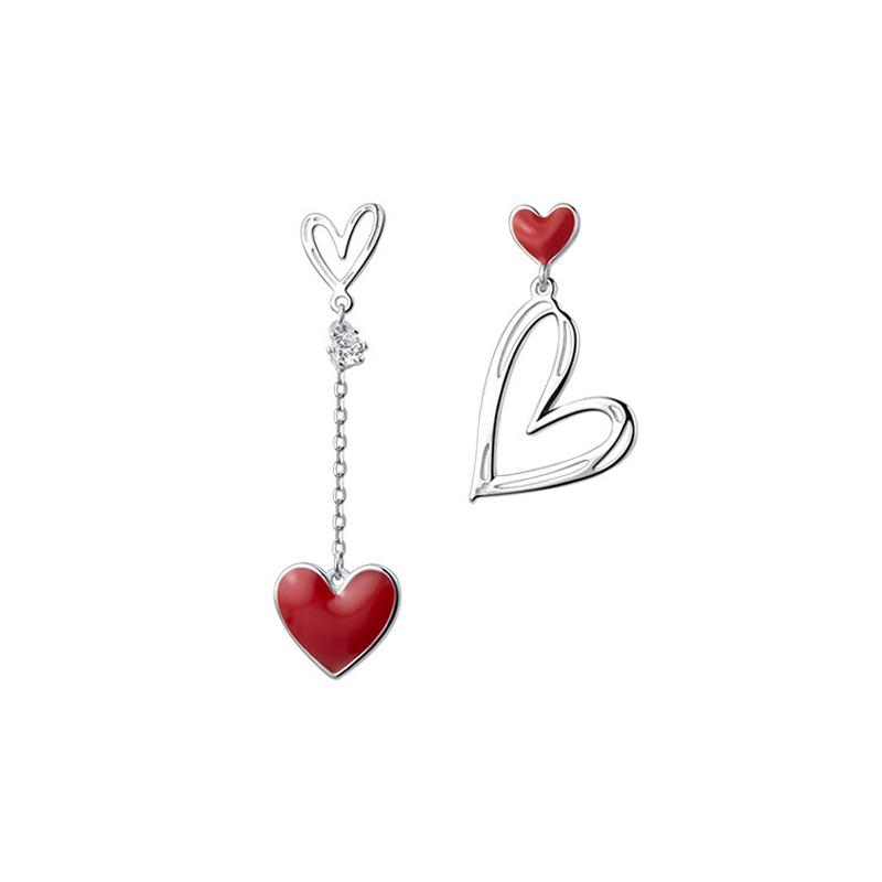 925 Silver Red Asymmetric Love Heart Earrings Sweet Peach Jewelry For Women Wedding Party Fashion