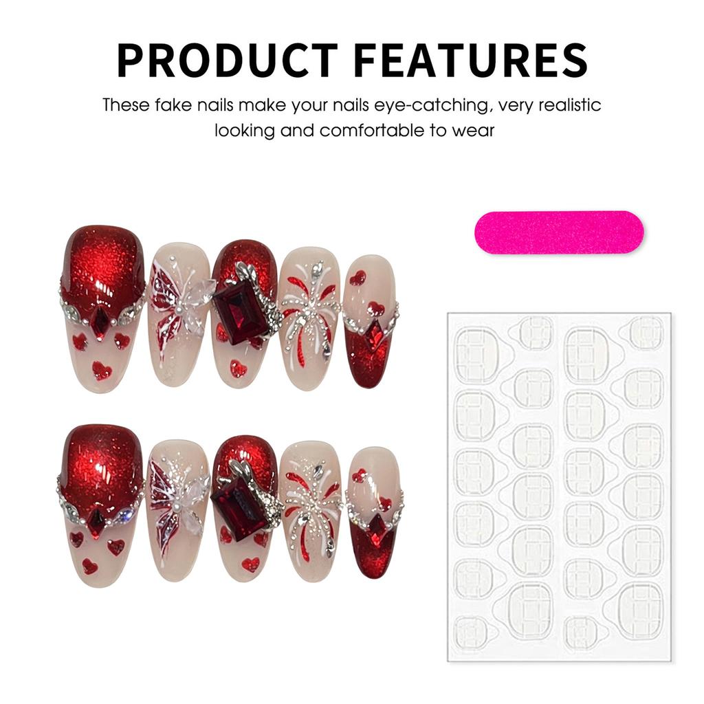 10Pcs Artificial Nails Red Cat-Eye Crystal Fake Nails With Butterfly Design For Holiday Party