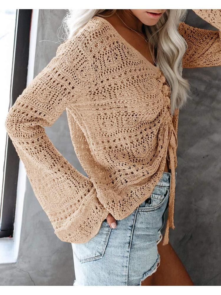 Summer Beach Bohemian Sweater Women's Strapless Hollow Flared Sleeve Drawstring Design Comfortable Knitted Undercoat Top