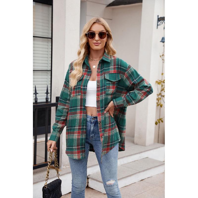 Spring and Autumn Women's New Casual Fashion Loose Plaid Pocket Shirt Jacket