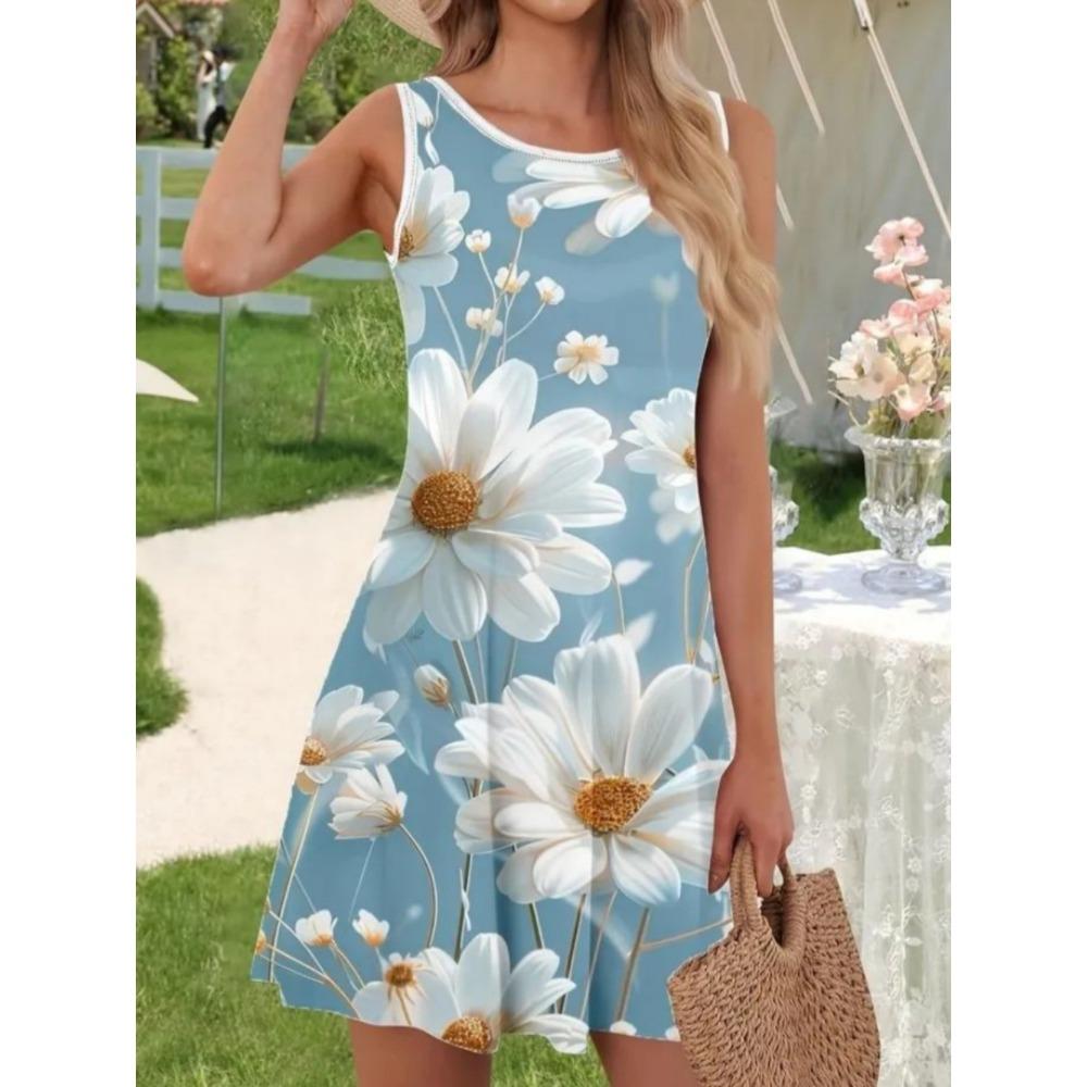 

Summer Women s Round-neck Sleeveless Flowers 3D Vacation Dress Fashionable Comfortable Soft Breathable Mini Dress 8XL