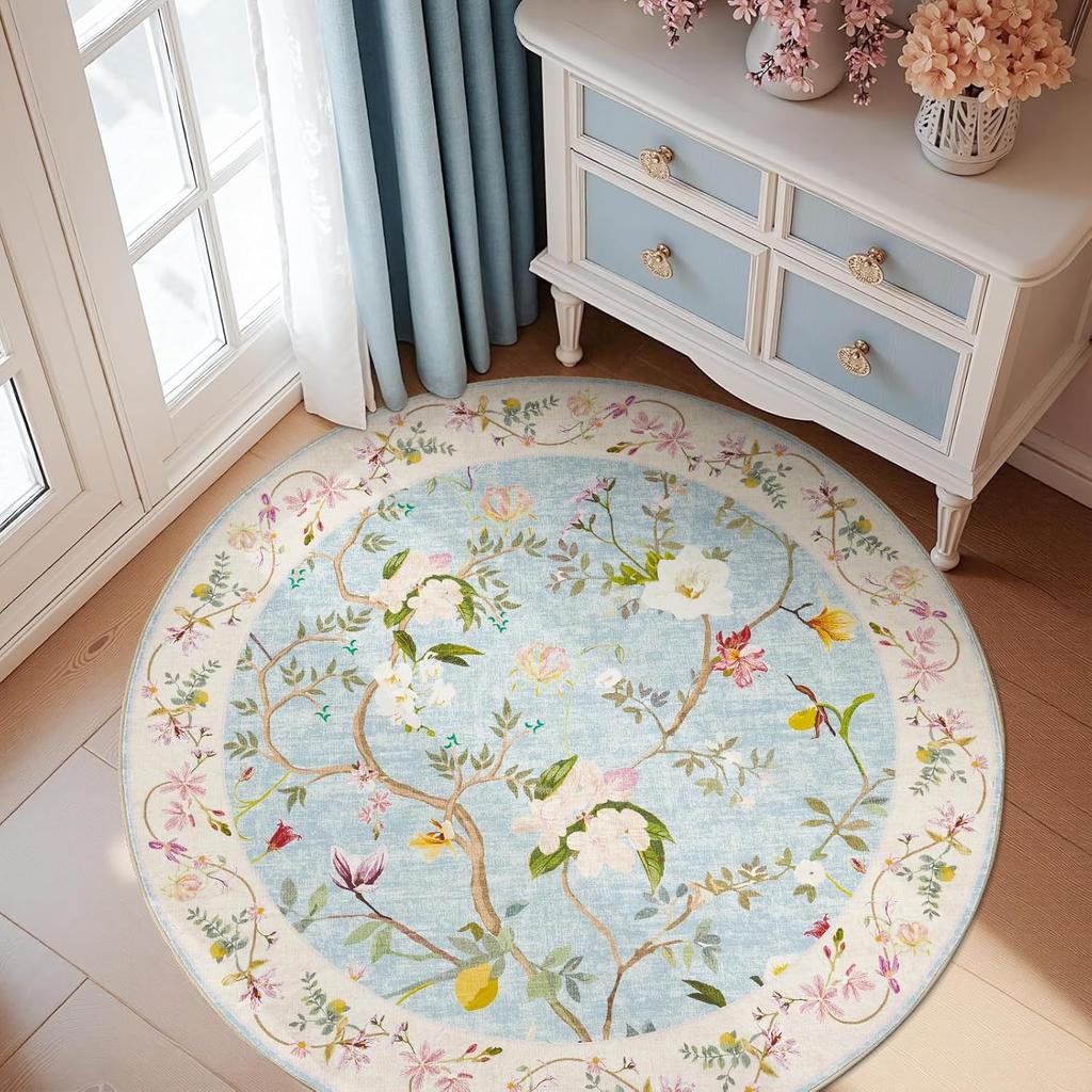 Runde Blume und Baum Muster Elegante Weiche Teppichmatte für Heimdekoration Wohnzimmerteppich mit Hellblauem Anti-Rutsch-Teppich