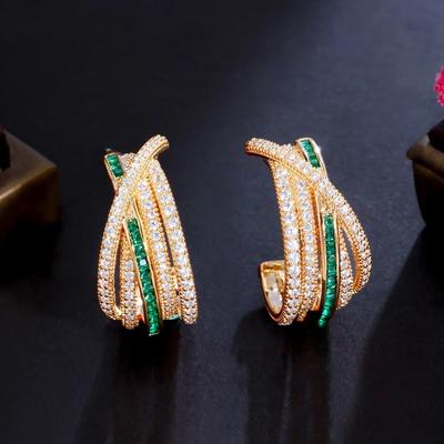 Light Luxury Celebrity Style C-Shaped Micro-Inlaid Zircon Earrings Needle Emerald Gem Personalized Earrings Trendy
