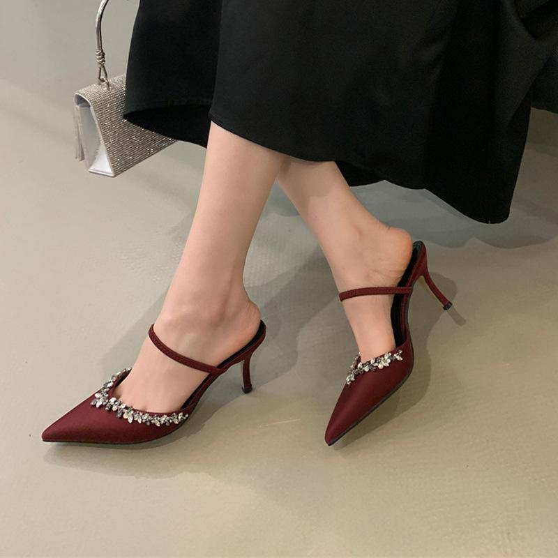 New bag head pointed rhinestone stiletto high heels comfortable outer wear one word belt half drag sandals women